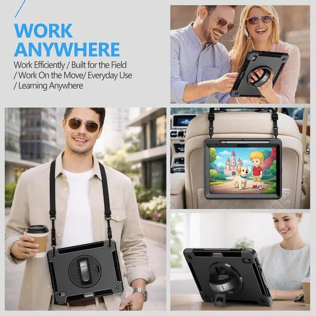Alt view image 7 of 7 - for iPad (A16) 11th/10th Generation Case 2025/2022 Black | Shockproof Protective TPU Cover with Rotatable Stand-Screen Protector-Handle- Shoulder strap- Pencil holder