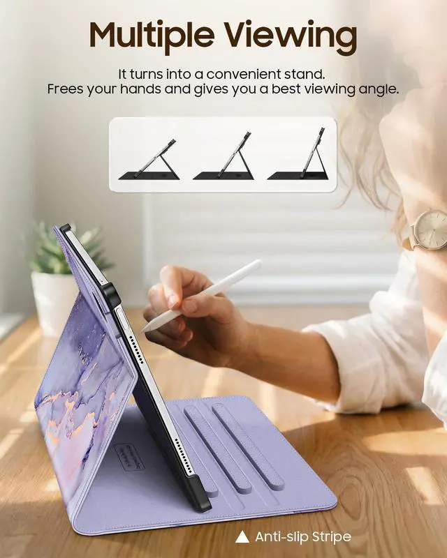 Alt view image 3 of 7 - Folio Case for iPad Air 11-inch & iPad Air 5th/4th Generation 10.9" | Multi-Angle Viewing Protective Cover with Pencil Holder & Pocket, Corner Protection, Auto Wake/Sleep, Lilac Marble