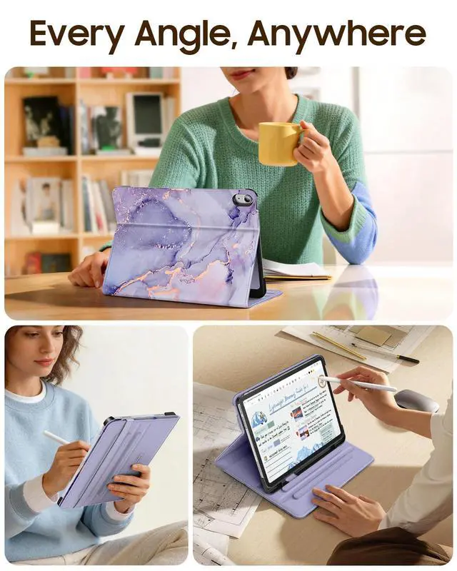 Alt view image 5 of 7 - Folio Case for iPad Air 11-inch & iPad Air 5th/4th Generation 10.9" | Multi-Angle Viewing Protective Cover with Pencil Holder & Pocket, Corner Protection, Auto Wake/Sleep, Lilac Marble