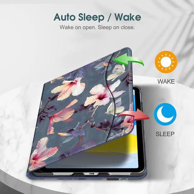 Alt view image 3 of 7 - Folio Case for iPad (A16) 11th Gen 11 in, iPad 10th Generation 10.9" | Multi-Angle Viewing Protective Stand Cover, Built-in Pencil Holder & Storage Pocket, Auto Wake/Sleep, Blooming Hibiscus