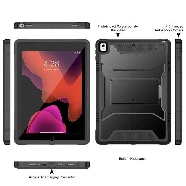 Alt view image 6 of 7 - Case for iPad 6th/5th Generation 9.7 Inch 2018/2017 - Black | For Apple iPad Air 2 2014 /Pro 9.7 2016, Built-in Screen Protector and Kickstand, Rugged Full Body Protective Cover