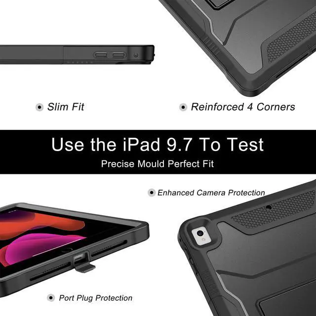 Alt view image 7 of 7 - Case for iPad 6th/5th Generation 9.7 Inch 2018/2017 - Black | For Apple iPad Air 2 2014 /Pro 9.7 2016, Built-in Screen Protector and Kickstand, Rugged Full Body Protective Cover