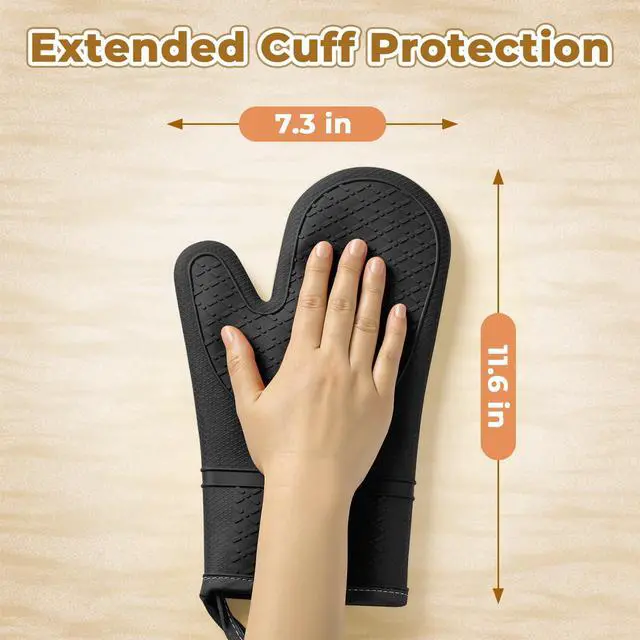 Alt view image 3 of 7 - Heat Resistant Silicone Oven Mitts, Up to 500°F Protection for Baking & Grilling, 1 Pair (Black, Standard Thickness)