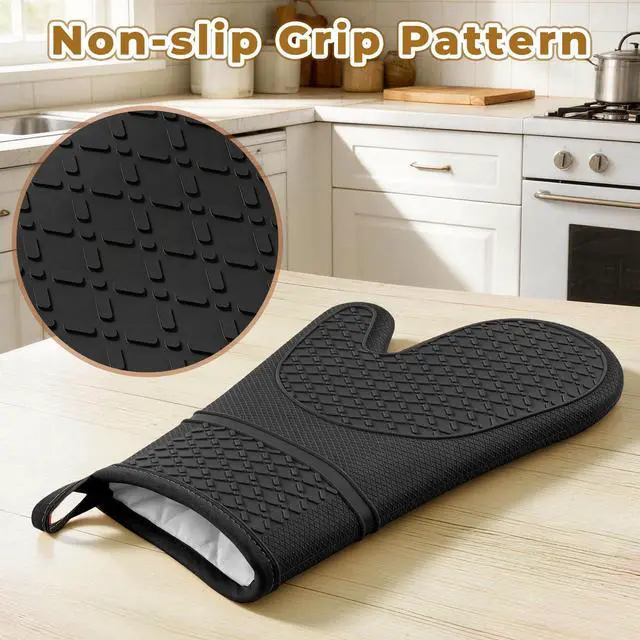 Alt view image 5 of 7 - Heat Resistant Silicone Oven Mitts, Up to 500°F Protection for Baking & Grilling, 1 Pair (Black, Standard Thickness)