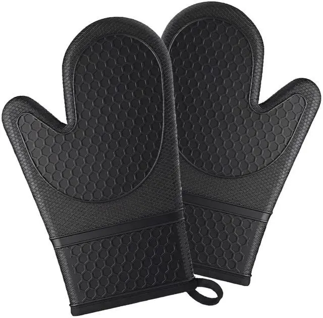 Main image of Silicone Oven Mitts 500°F Heat Resistant BBQ Gloves 2-Pack Black | 500°F heat resistance, non-slip honeycomb grip, waterproof & washable, extra long wrist guard, 2-piece set