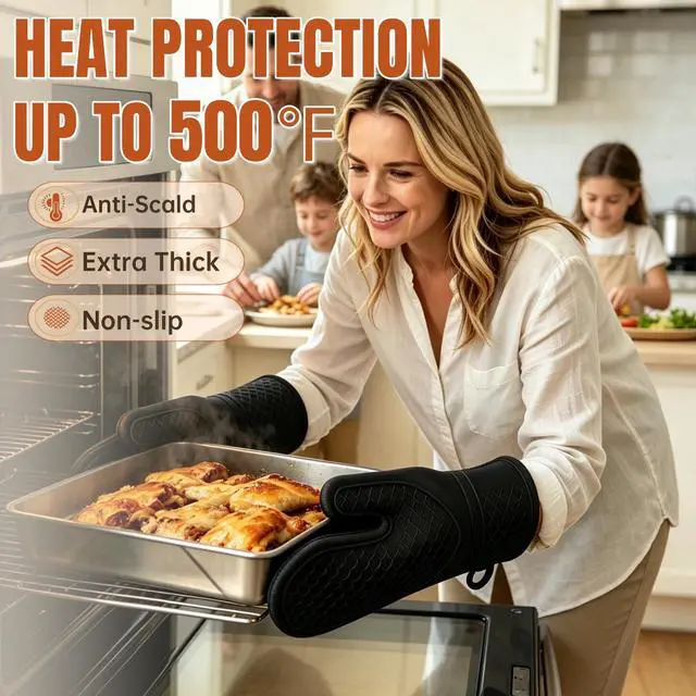 Alt view image 2 of 7 - Silicone Oven Mitts 500°F Heat Resistant BBQ Gloves 2-Pack Black | 500°F heat resistance, non-slip honeycomb grip, waterproof & washable, extra long wrist guard, 2-piece set