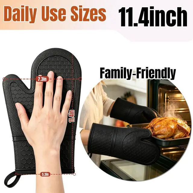 Alt view image 3 of 7 - Silicone Oven Mitts 500°F Heat Resistant BBQ Gloves 2-Pack Black | 500°F heat resistance, non-slip honeycomb grip, waterproof & washable, extra long wrist guard, 2-piece set