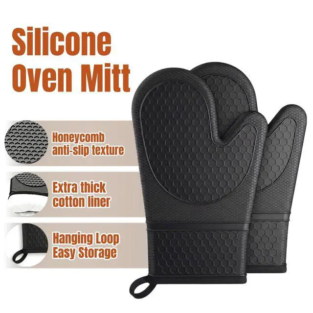 Alt view image 4 of 7 - Silicone Oven Mitts 500°F Heat Resistant BBQ Gloves 2-Pack Black | 500°F heat resistance, non-slip honeycomb grip, waterproof & washable, extra long wrist guard, 2-piece set