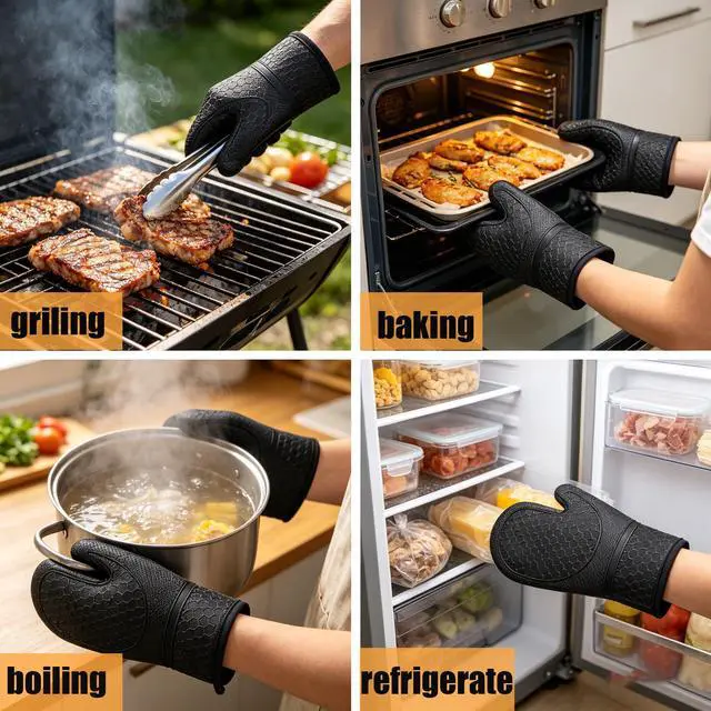 Alt view image 5 of 7 - Silicone Oven Mitts 500°F Heat Resistant BBQ Gloves 2-Pack Black | 500°F heat resistance, non-slip honeycomb grip, waterproof & washable, extra long wrist guard, 2-piece set