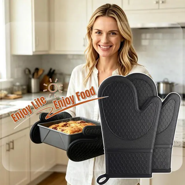 Alt view image 6 of 7 - Silicone Oven Mitts 500°F Heat Resistant BBQ Gloves 2-Pack Black | 500°F heat resistance, non-slip honeycomb grip, waterproof & washable, extra long wrist guard, 2-piece set