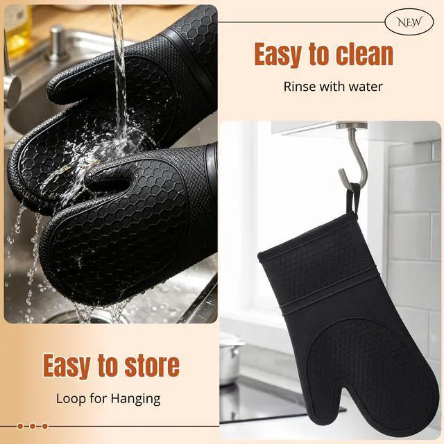 Alt view image 7 of 7 - Silicone Oven Mitts 500°F Heat Resistant BBQ Gloves 2-Pack Black | 500°F heat resistance, non-slip honeycomb grip, waterproof & washable, extra long wrist guard, 2-piece set
