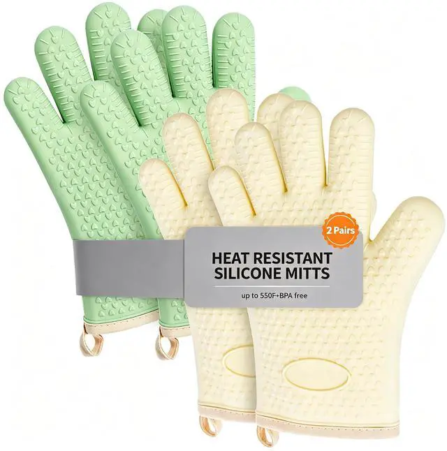 Main image of 4 Pack BPA-Free Soft Silicone Oven Mitts,550F Heat Resistant Cooking Gloves | Waterproof Heat Resistant Safety BBQ Gloves ,Thick Cotton Lining,Non-Slip 5 Finger Kitchen Hot Mitts for Baking