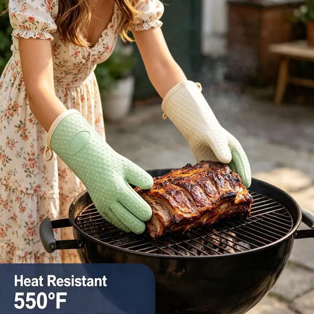 Alt view image 3 of 7 - 4 Pack BPA-Free Soft Silicone Oven Mitts,550F Heat Resistant Cooking Gloves | Waterproof Heat Resistant Safety BBQ Gloves ,Thick Cotton Lining,Non-Slip 5 Finger Kitchen Hot Mitts for Baking