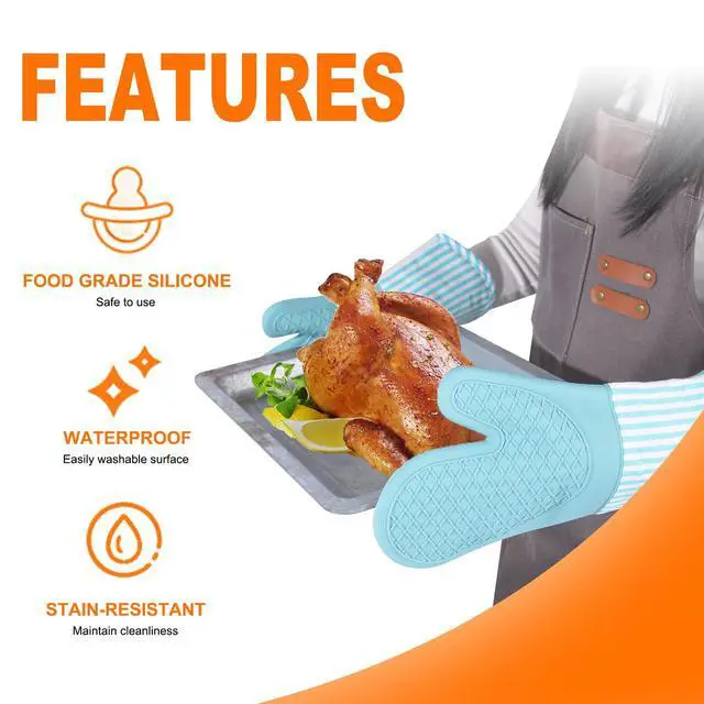 Alt view image 4 of 7 - Silicone Oven Mitts, Heat Resistant Oven Gloves with Quilted Liner, Waterproof & Non-Slip Kitchen Mittens for Baking Cooking BBQ, 500°F, 13.5"-Nordic Blue