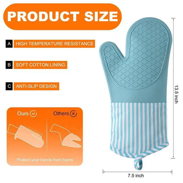 Alt view image 2 of 7 - Silicone Oven Mitts, Heat Resistant Oven Gloves with Quilted Liner, Waterproof & Non-Slip Kitchen Mittens for Baking Cooking BBQ, 500°F, 13.5"-Nordic Blue
