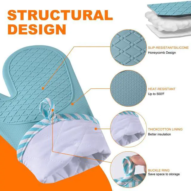 Alt view image 3 of 7 - Silicone Oven Mitts, Heat Resistant Oven Gloves with Quilted Liner, Waterproof & Non-Slip Kitchen Mittens for Baking Cooking BBQ, 500°F, 13.5"-Nordic Blue