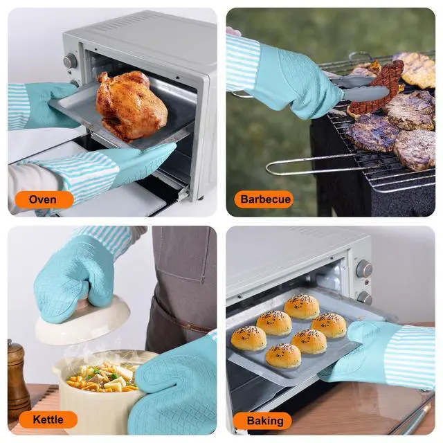 Alt view image 5 of 7 - Silicone Oven Mitts, Heat Resistant Oven Gloves with Quilted Liner, Waterproof & Non-Slip Kitchen Mittens for Baking Cooking BBQ, 500°F, 13.5"-Nordic Blue
