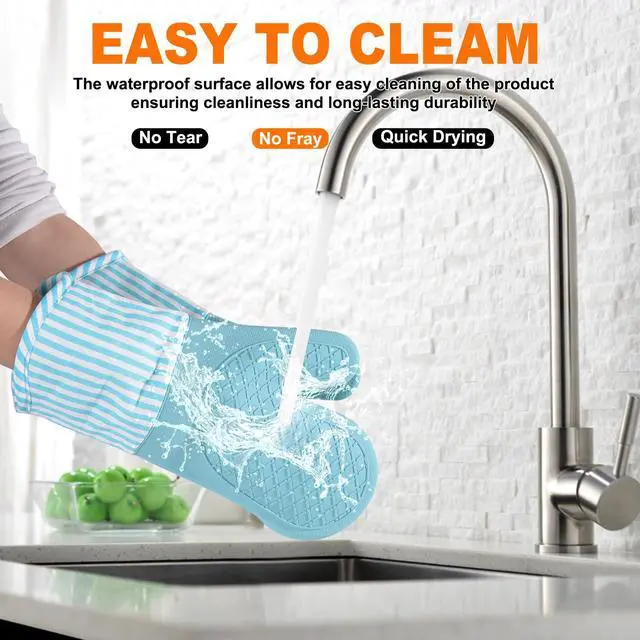 Alt view image 6 of 7 - Silicone Oven Mitts, Heat Resistant Oven Gloves with Quilted Liner, Waterproof & Non-Slip Kitchen Mittens for Baking Cooking BBQ, 500°F, 13.5"-Nordic Blue