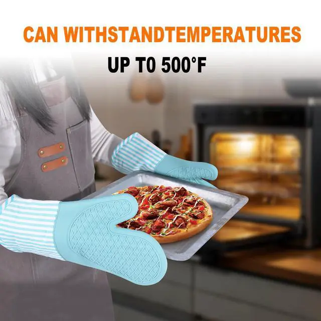 Alt view image 7 of 7 - Silicone Oven Mitts, Heat Resistant Oven Gloves with Quilted Liner, Waterproof & Non-Slip Kitchen Mittens for Baking Cooking BBQ, 500°F, 13.5"-Nordic Blue