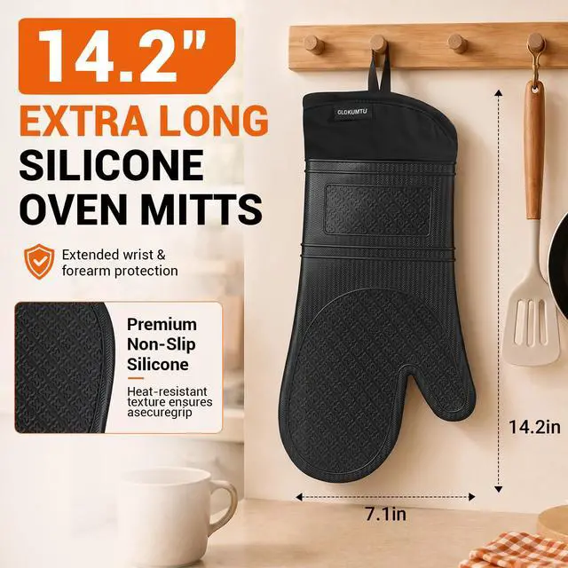 Alt view image 2 of 7 - Silicone Oven Mitts, 14.2" Extra Long, Heat Resistant, Black | Heat Resistant Up To 570°F, Wrist and Forearm Coverage, Non-Slip Grip, Waterproof Exterior, 2-pack