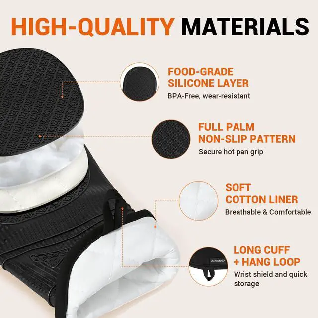 Alt view image 3 of 7 - Silicone Oven Mitts, 14.2" Extra Long, Heat Resistant, Black | Heat Resistant Up To 570°F, Wrist and Forearm Coverage, Non-Slip Grip, Waterproof Exterior, 2-pack