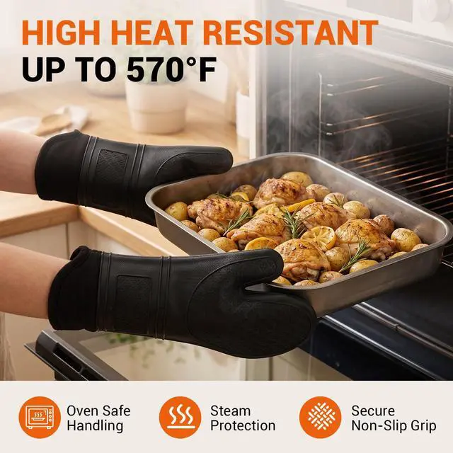 Alt view image 4 of 7 - Silicone Oven Mitts, 14.2" Extra Long, Heat Resistant, Black | Heat Resistant Up To 570°F, Wrist and Forearm Coverage, Non-Slip Grip, Waterproof Exterior, 2-pack