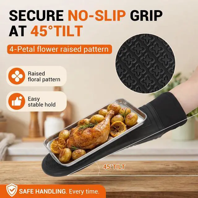 Alt view image 5 of 7 - Silicone Oven Mitts, 14.2" Extra Long, Heat Resistant, Black | Heat Resistant Up To 570°F, Wrist and Forearm Coverage, Non-Slip Grip, Waterproof Exterior, 2-pack