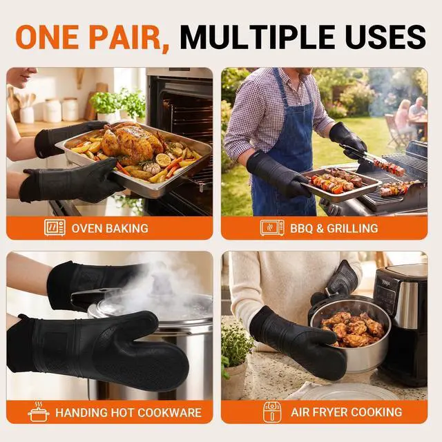 Alt view image 7 of 7 - Silicone Oven Mitts, 14.2" Extra Long, Heat Resistant, Black | Heat Resistant Up To 570°F, Wrist and Forearm Coverage, Non-Slip Grip, Waterproof Exterior, 2-pack