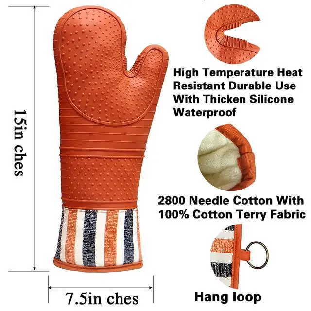 Alt view image 3 of 7 - Heat Resistant 550 Degree Oven mitt, Silicone Oven Hot Mitts - 1 Pair | Extra Long Professional Baking Oven Gloves - Food Safe,Pot Holders Cooking,Grilling,Kitchen (Tangerine Mittens)