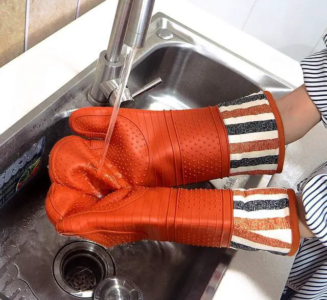 Alt view image 5 of 7 - Heat Resistant 550 Degree Oven mitt, Silicone Oven Hot Mitts - 1 Pair | Extra Long Professional Baking Oven Gloves - Food Safe,Pot Holders Cooking,Grilling,Kitchen (Tangerine Mittens)