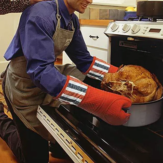 Alt view image 7 of 7 - Heat Resistant 550 Degree Oven mitt, Silicone Oven Hot Mitts - 1 Pair | Extra Long Professional Baking Oven Gloves - Food Safe,Pot Holders Cooking,Grilling,Kitchen (Tangerine Mittens)