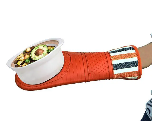 Alt view image 6 of 7 - Heat Resistant 550 Degree Oven mitt, Silicone Oven Hot Mitts - 1 Pair | Extra Long Professional Baking Oven Gloves - Food Safe,Pot Holders Cooking,Grilling,Kitchen (Tangerine Mittens)