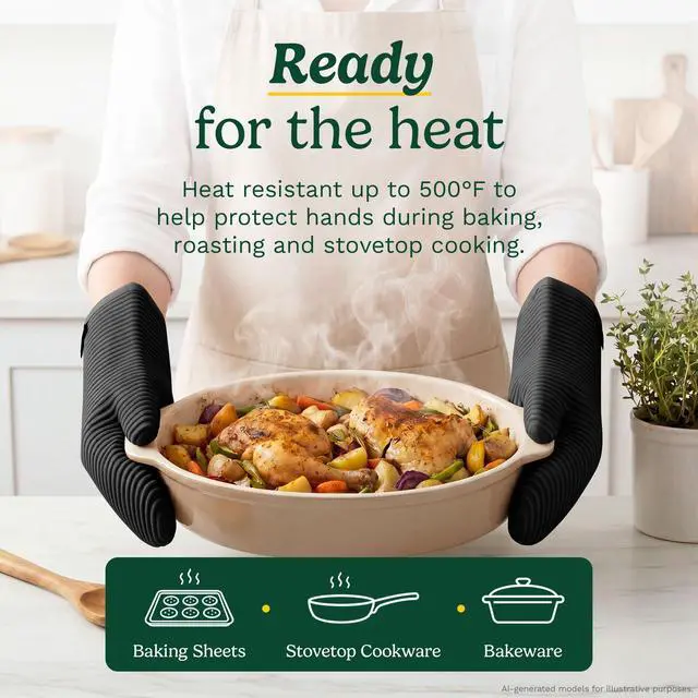 Alt view image 3 of 7 - Cuisinart Silicone Oven Mitts, 2-Pack 7.5"x13", Heat Resistant 500F | Pot holders for baking and roasting, waterproof, non-slip ribbed grip, shields forearms, fits either hand, wipes clean