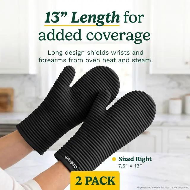 Alt view image 4 of 7 - Cuisinart Silicone Oven Mitts, 2-Pack 7.5"x13", Heat Resistant 500F | Pot holders for baking and roasting, waterproof, non-slip ribbed grip, shields forearms, fits either hand, wipes clean