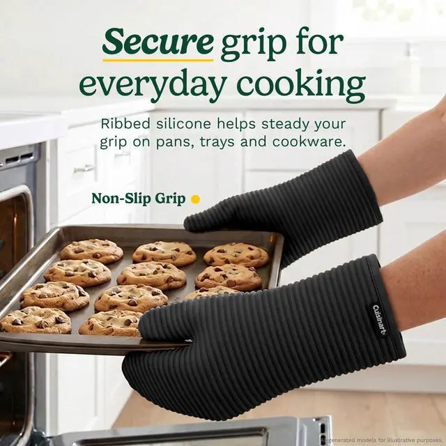 Alt view image 2 of 7 - Cuisinart Silicone Oven Mitts, 2-Pack 7.5"x13", Heat Resistant 500F | Pot holders for baking and roasting, waterproof, non-slip ribbed grip, shields forearms, fits either hand, wipes clean