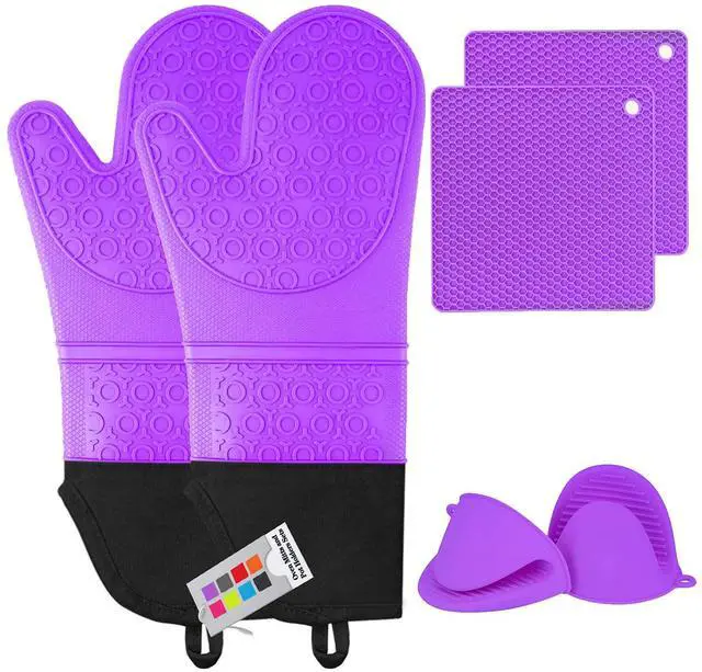 Main image of 6pcs Silicone Oven Mitts and Pot Holders Sets for Kitchen, Purple | 500°F heat resistant, cotton lining, honeycomb non-slip texture, 15-inch forearm protection, baking cooking gloves