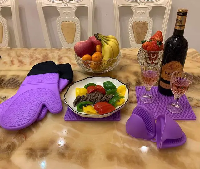 Alt view image 2 of 6 - 6pcs Silicone Oven Mitts and Pot Holders Sets for Kitchen, Purple | 500°F heat resistant, cotton lining, honeycomb non-slip texture, 15-inch forearm protection, baking cooking gloves