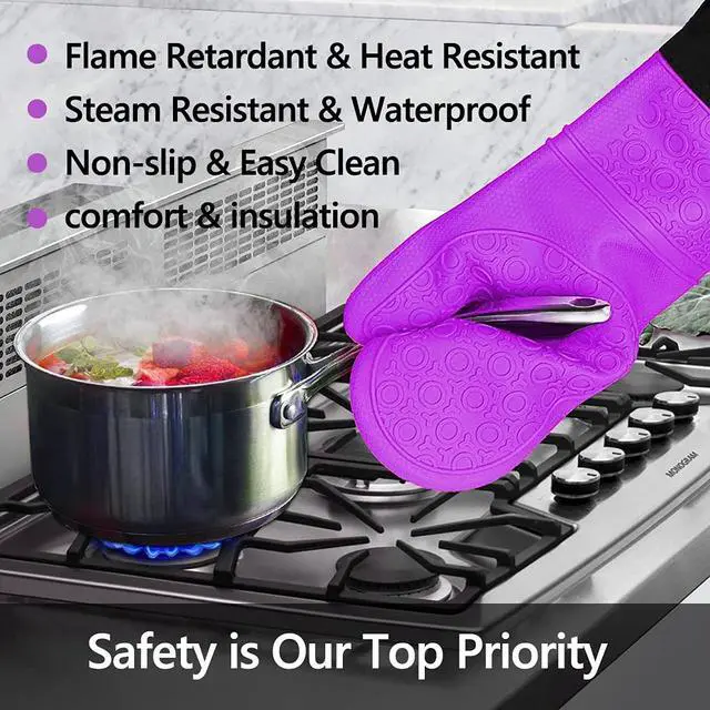 Alt view image 3 of 6 - 6pcs Silicone Oven Mitts and Pot Holders Sets for Kitchen, Purple | 500°F heat resistant, cotton lining, honeycomb non-slip texture, 15-inch forearm protection, baking cooking gloves
