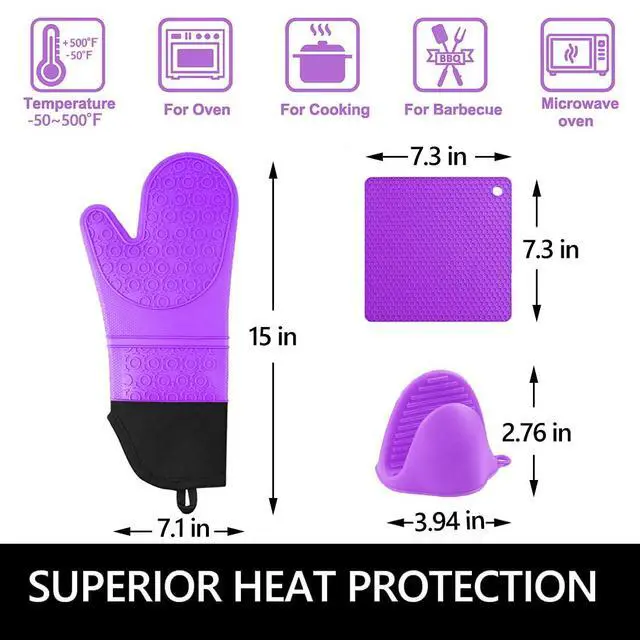 Alt view image 4 of 6 - 6pcs Silicone Oven Mitts and Pot Holders Sets for Kitchen, Purple | 500°F heat resistant, cotton lining, honeycomb non-slip texture, 15-inch forearm protection, baking cooking gloves