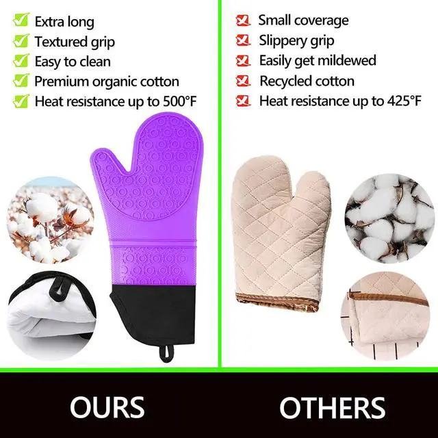 Alt view image 5 of 6 - 6pcs Silicone Oven Mitts and Pot Holders Sets for Kitchen, Purple | 500°F heat resistant, cotton lining, honeycomb non-slip texture, 15-inch forearm protection, baking cooking gloves