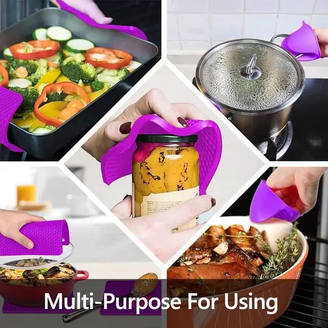 Alt view image 6 of 6 - 6pcs Silicone Oven Mitts and Pot Holders Sets for Kitchen, Purple | 500°F heat resistant, cotton lining, honeycomb non-slip texture, 15-inch forearm protection, baking cooking gloves