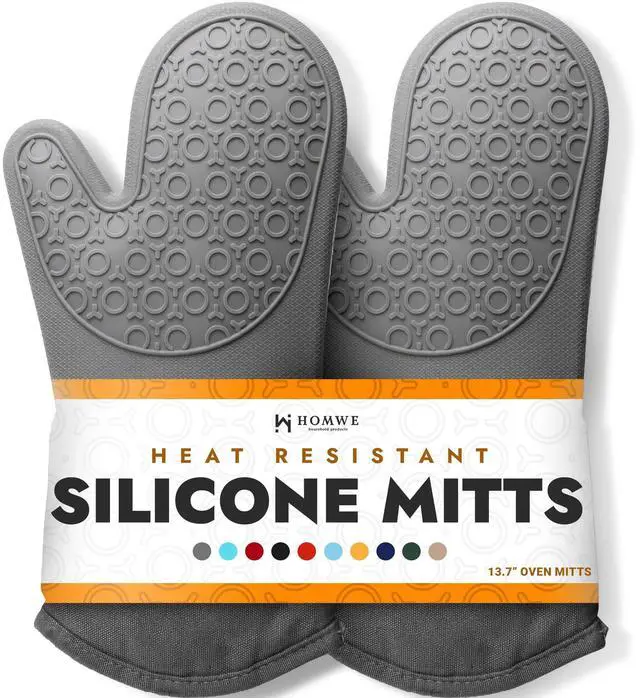 Main image of BPA-Free Soft Silicone Oven Mitts - Ultra Heat Resistant Oven Mitts with Thick Cotton Liner - Long Slip Resistant Pot Holders, Flexible Oven Gloves - Gray 13.7"