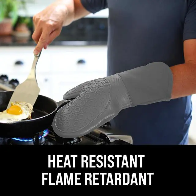 Alt view image 2 of 7 - BPA-Free Soft Silicone Oven Mitts - Ultra Heat Resistant Oven Mitts with Thick Cotton Liner - Long Slip Resistant Pot Holders, Flexible Oven Gloves - Gray 13.7"