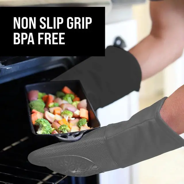 Alt view image 4 of 7 - BPA-Free Soft Silicone Oven Mitts - Ultra Heat Resistant Oven Mitts with Thick Cotton Liner - Long Slip Resistant Pot Holders, Flexible Oven Gloves - Gray 13.7"