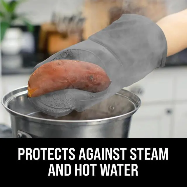 Alt view image 5 of 7 - BPA-Free Soft Silicone Oven Mitts - Ultra Heat Resistant Oven Mitts with Thick Cotton Liner - Long Slip Resistant Pot Holders, Flexible Oven Gloves - Gray 13.7"