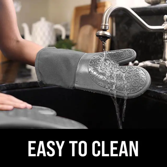 Alt view image 7 of 7 - BPA-Free Soft Silicone Oven Mitts - Ultra Heat Resistant Oven Mitts with Thick Cotton Liner - Long Slip Resistant Pot Holders, Flexible Oven Gloves - Gray 13.7"