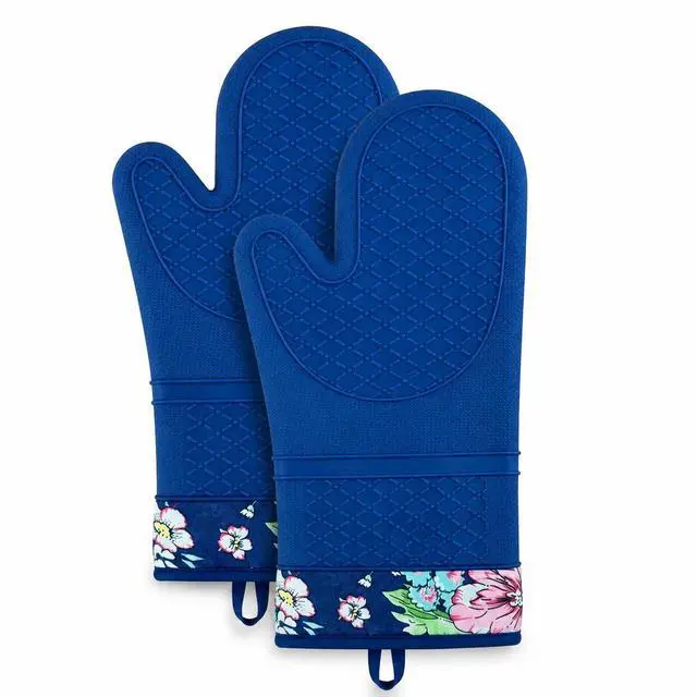 Main image of Silicone Oven Mitts Waterproof &Non-Slip Heat Resistant Gloves | Blue Flora oven mitts feature heat-resistant silicone, non-slip grip and soft cotton lining,500°F,One size fits unisex
