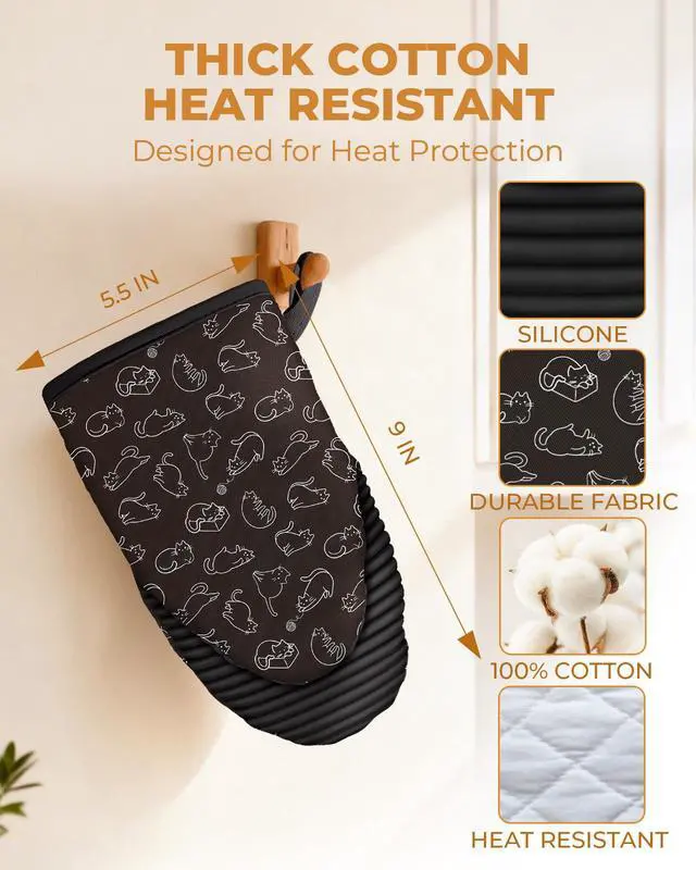Alt view image 2 of 6 - 100% Thick Cotton Oven Mitts Ribbed Soft Silicone Cute Cats | Aesthetic Oven Mitts for Women, Machine Washable Non-Slip Kitchen Mitts, Reversible for Both Hands, Stylish Kitchen Decor