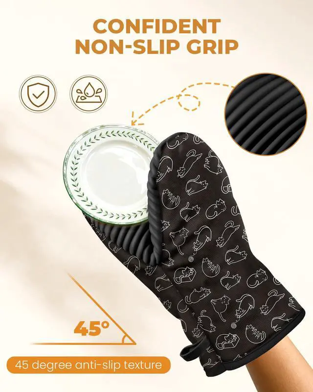 Alt view image 4 of 6 - 100% Thick Cotton Oven Mitts Ribbed Soft Silicone Cute Cats | Aesthetic Oven Mitts for Women, Machine Washable Non-Slip Kitchen Mitts, Reversible for Both Hands, Stylish Kitchen Decor