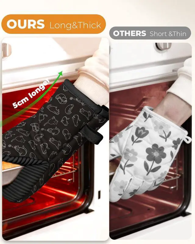 Alt view image 3 of 6 - 100% Thick Cotton Oven Mitts Ribbed Soft Silicone Cute Cats | Aesthetic Oven Mitts for Women, Machine Washable Non-Slip Kitchen Mitts, Reversible for Both Hands, Stylish Kitchen Decor